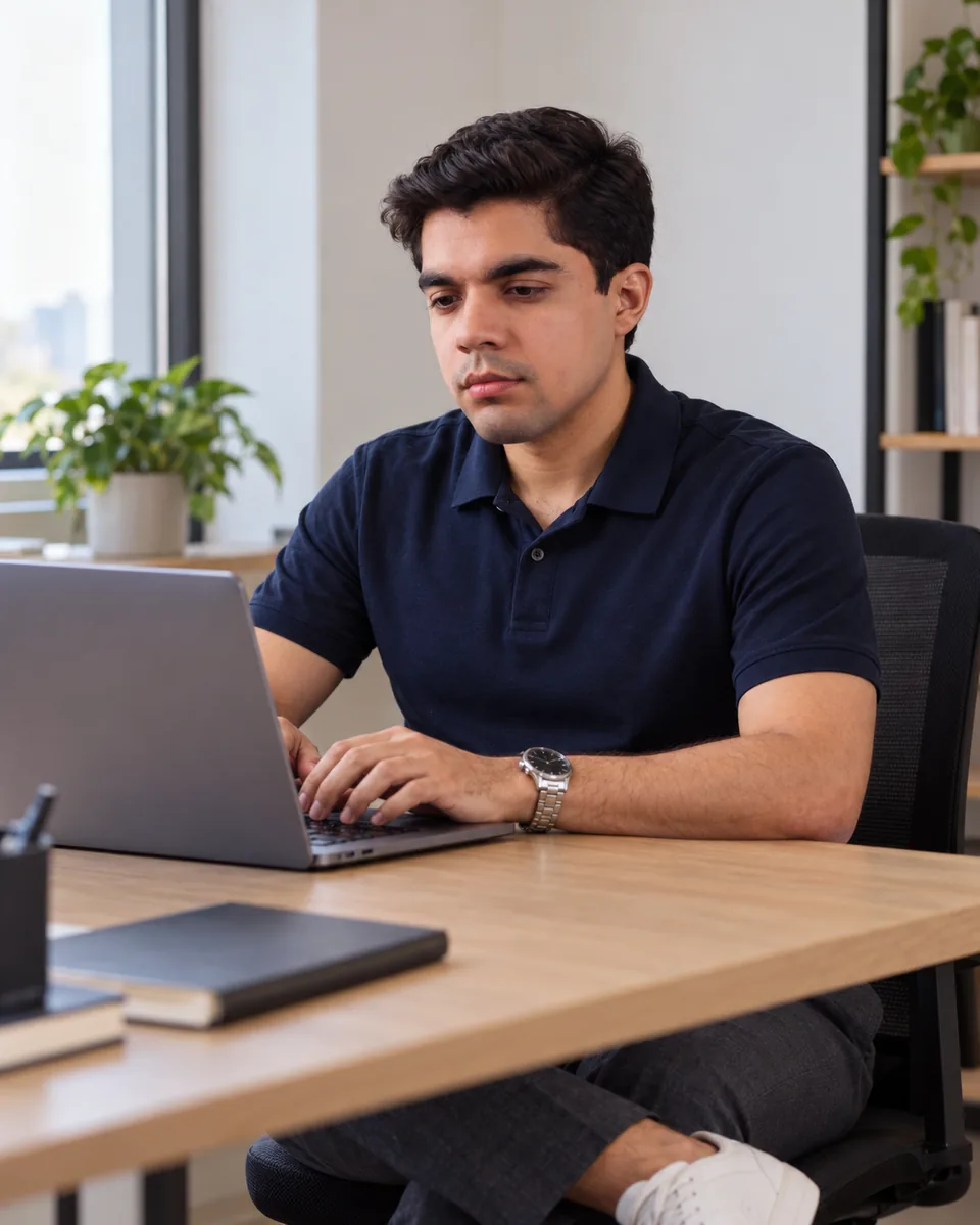Lucas Monteiro trabalhando no notebook em um escritório.
